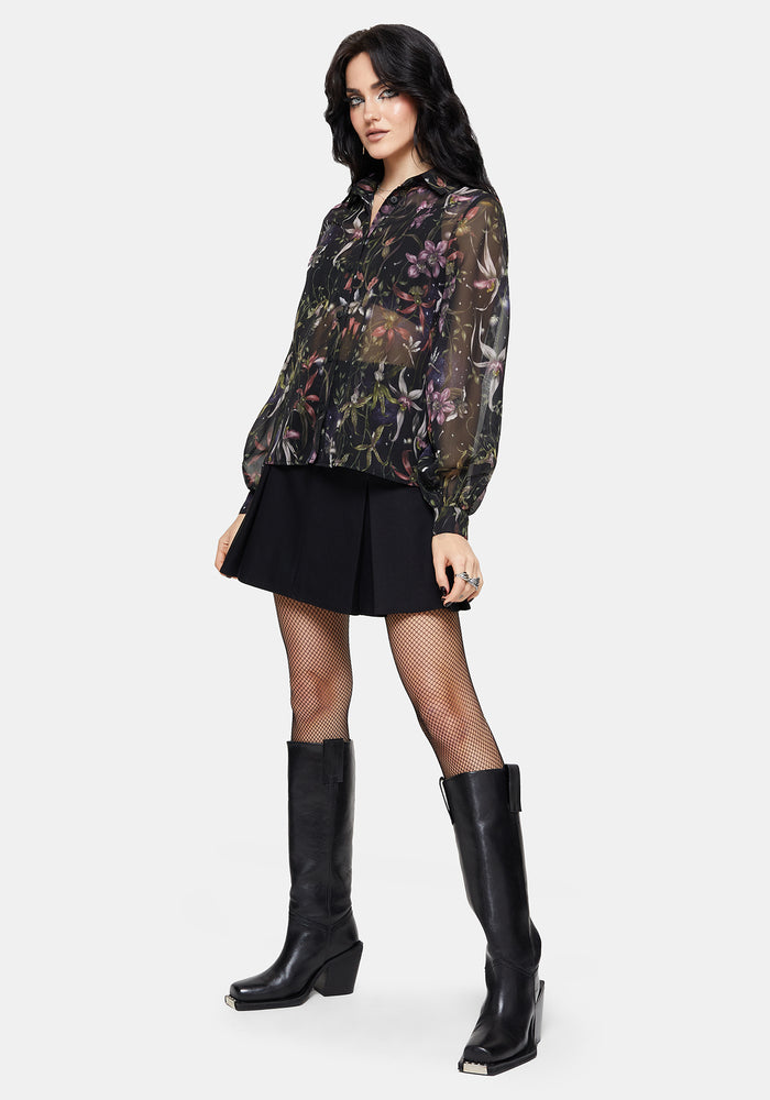 Elide Black Orchid Print Chiffon Blouse UK 10