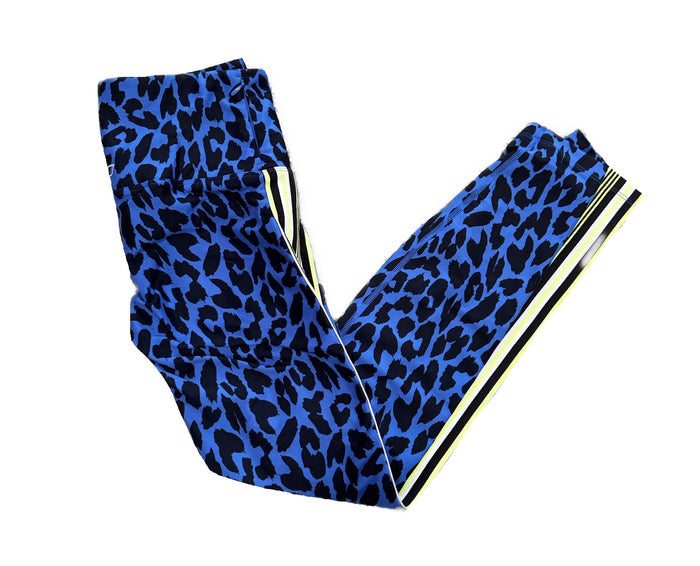 Lorna Jane Women's Blue & Black Leopard Print Leggings w/Yellow Accents Size L MSP$72