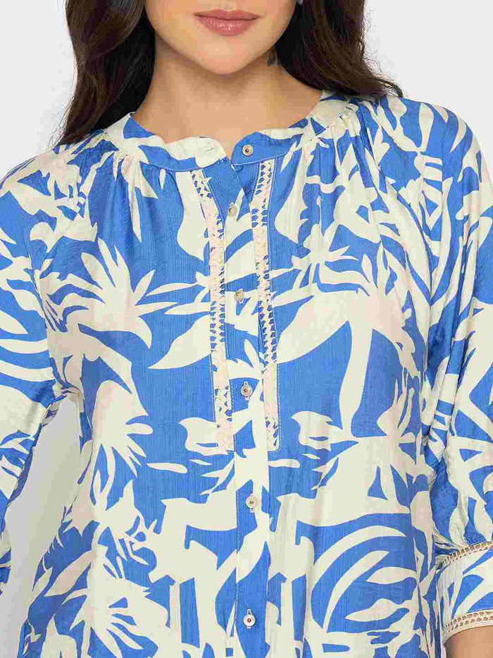Madame Botanical Print Royal Blue Rayon Blend Top