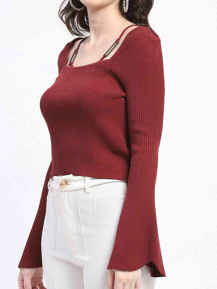 Madame Metal Accented Flounce Sleeve Red Knit Top