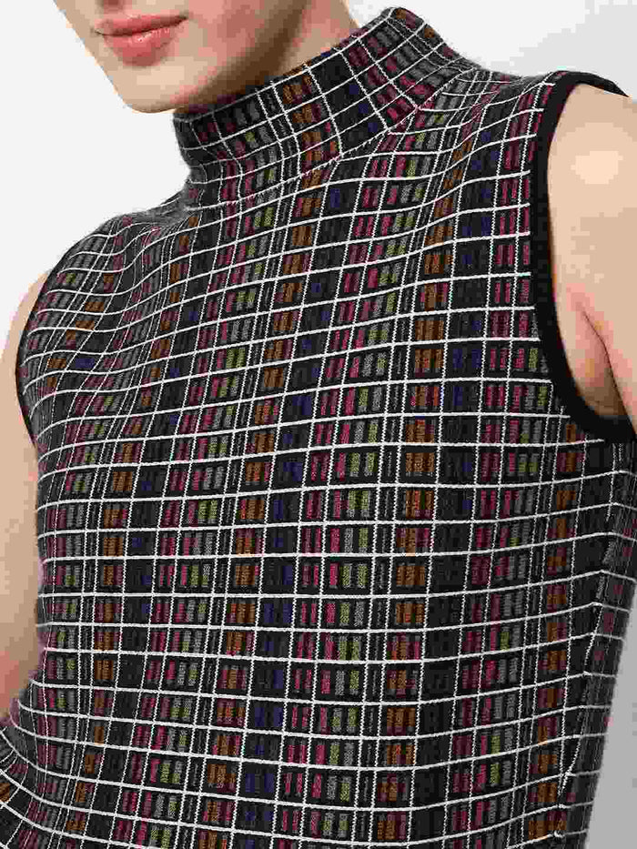 Madame Multicolored Chequered Tweed Black Funnel Neck Top