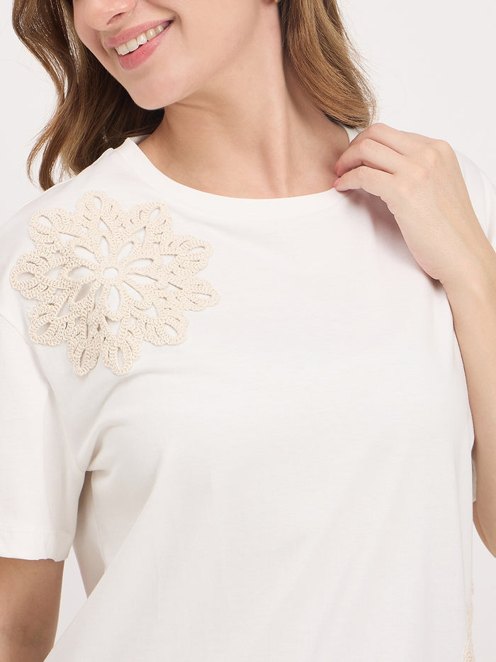 Madame Off White Embroidered Cotton Round Neck T-Shirt