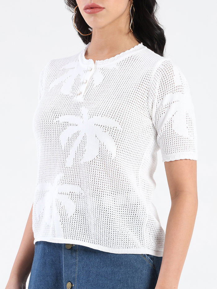 Madame Semi Sheer Botanical Pattern White Knit Top