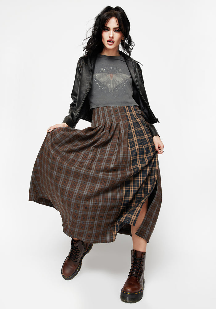 Raven Pleated Check Buckle Detail Maxi Skirt
