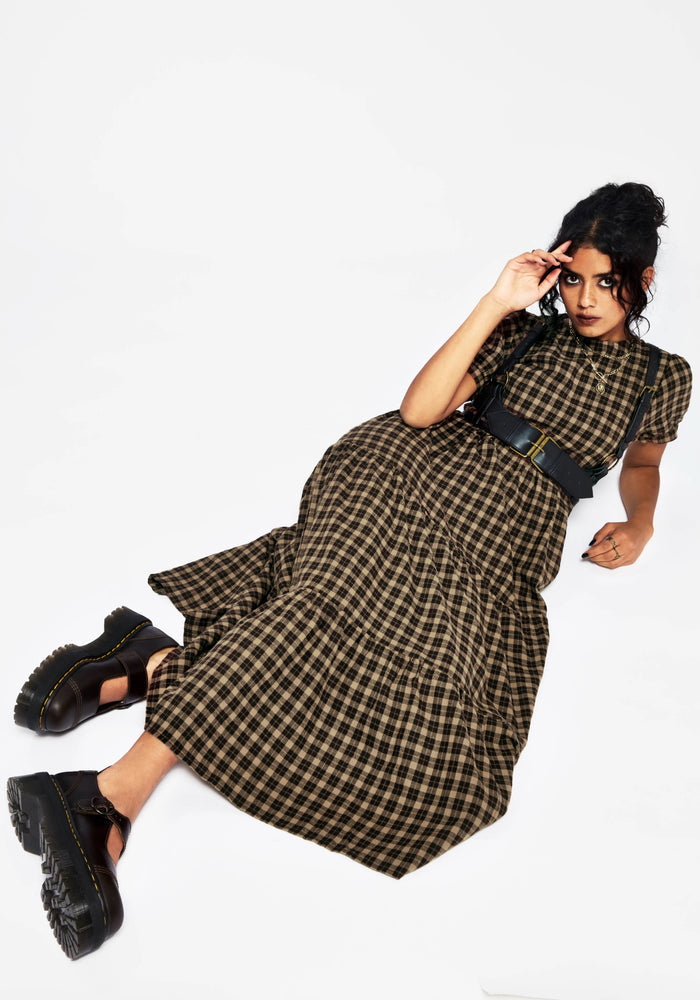 Terra Cotton Check Smock Midaxi Dress - Brown