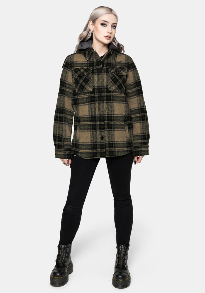 Trellis Lightweight Hooded Pocket Check Shacket - Green UK 6