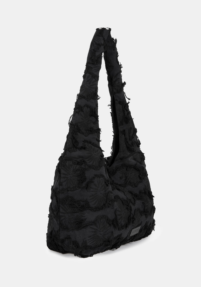 Black textured handbag on a white background