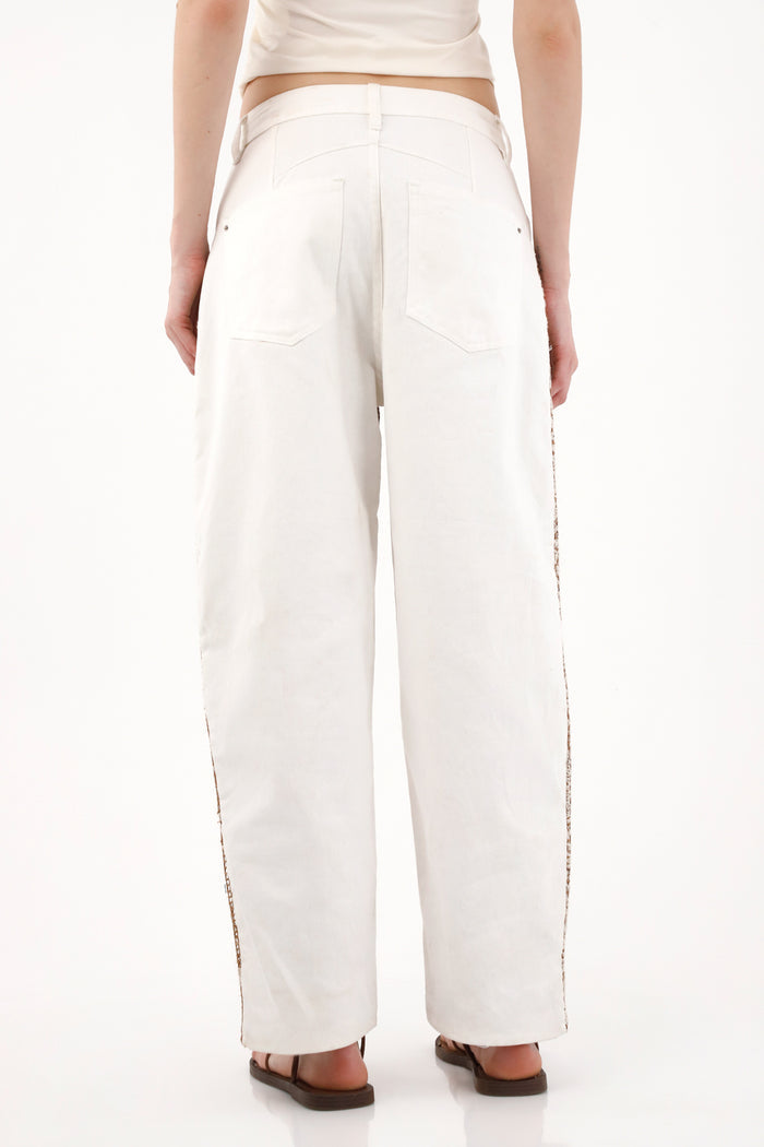 Women's Horseshoe Pants with Layered Embroidered Fabric in Cream