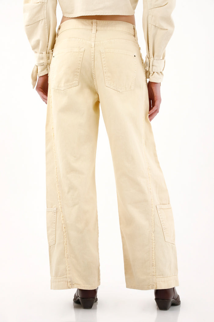 Women's Yellow Wide Leg Jeans with Frayed Cuts