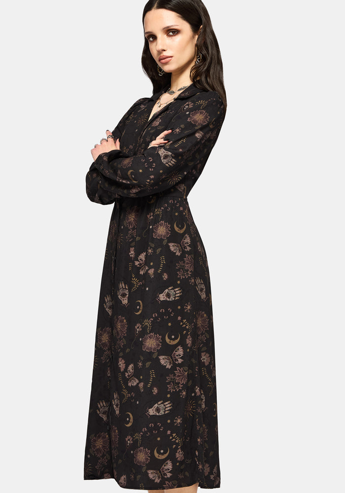 Angela Folk Print Button Up Midi Dress