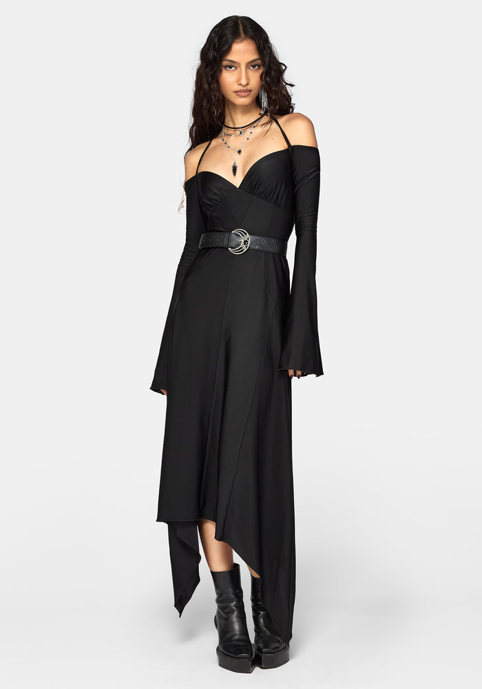 A model wearing a black off-the-shoulder midi dress with long bell sleeves, a sweetheart neckline, and a matching black belt with a silver buckle, styled with black platform ankle boots against a light gray background.