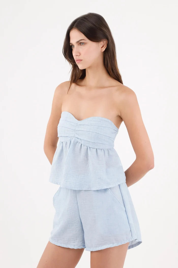 Bermuda Shorts for Women in Light Blue Polyester Relaxed Fit with Curved Hem