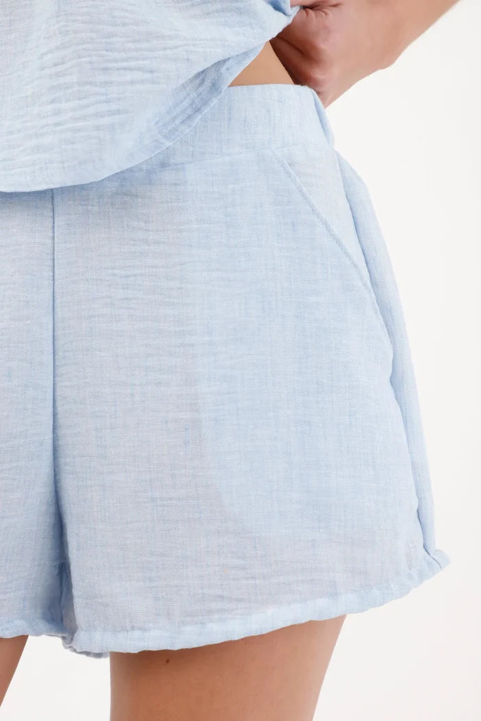 Bermuda Shorts for Women in Light Blue Polyester Relaxed Fit with Curved Hem