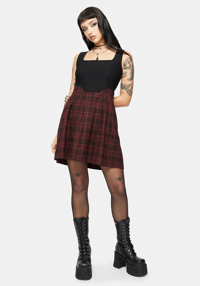 Bonnie Mixed Corset Check Pleated Mini Dress