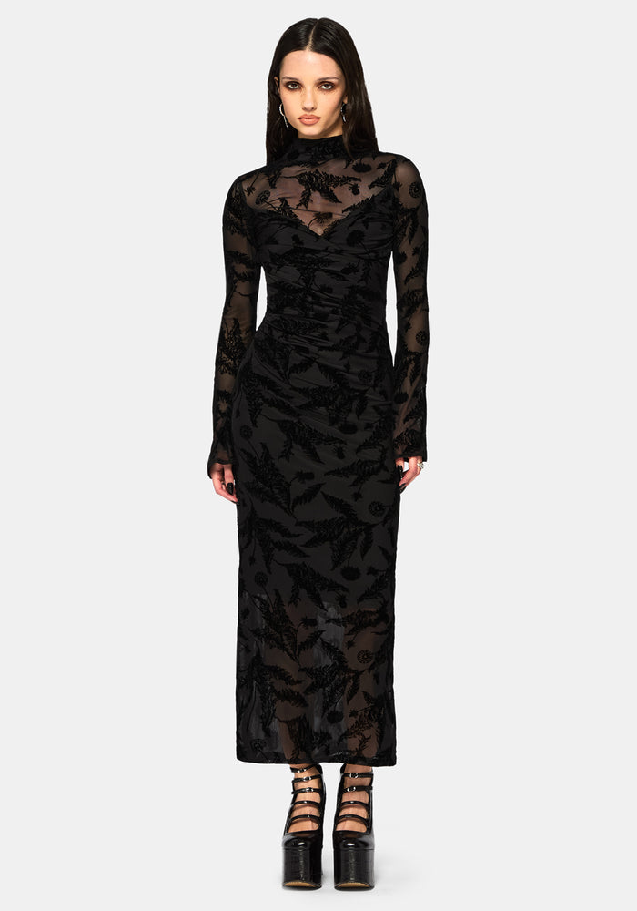 Cimora Dandelion Flocked Mesh Ruched Midaxi Dress