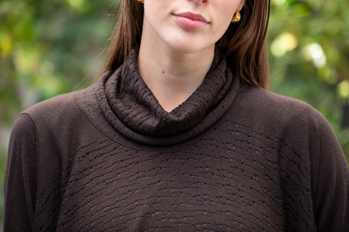 Woman wearing Country Laine - The Nest Top (CL0130-IND2026) in the colour Chocolate.
