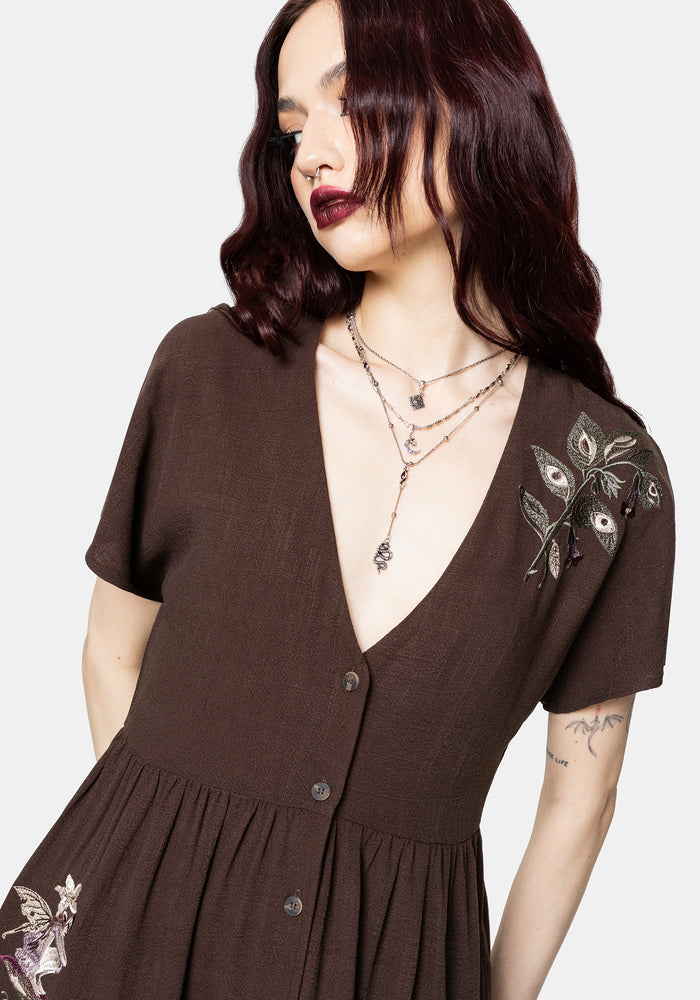 Faela Fairy Embroidered Button Up V-Neck Peplum Mini Dress UK 6