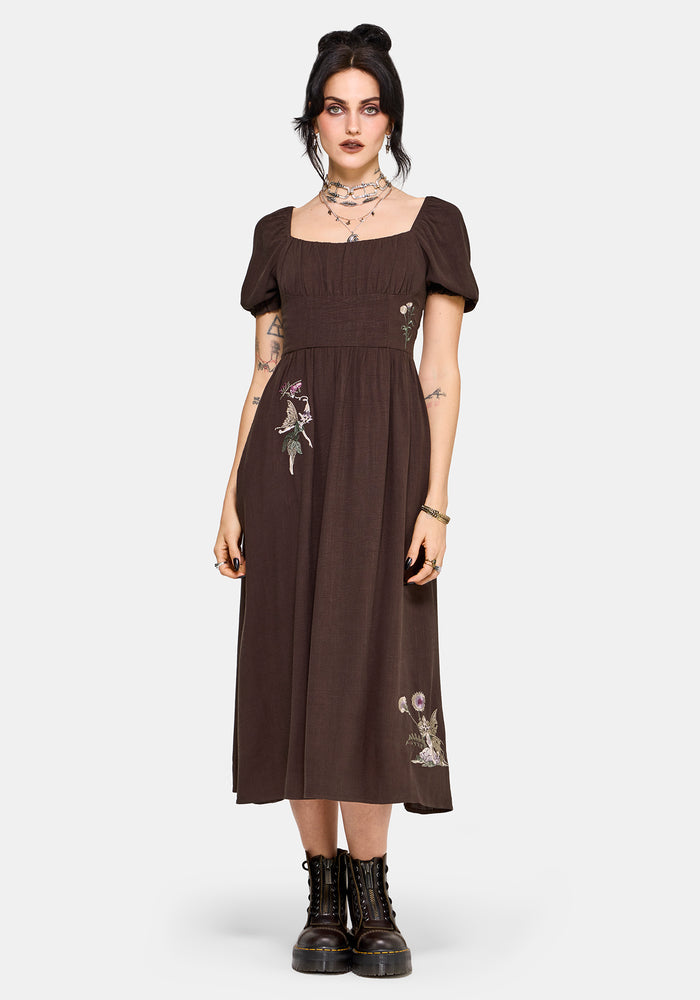 Faela Fairy Embroidered Milkmaid Ruched Midi Dress UK 6
