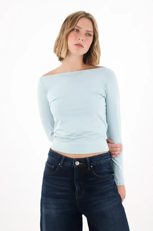 Fitted Boat Neck T-Shirt in Blue for Women