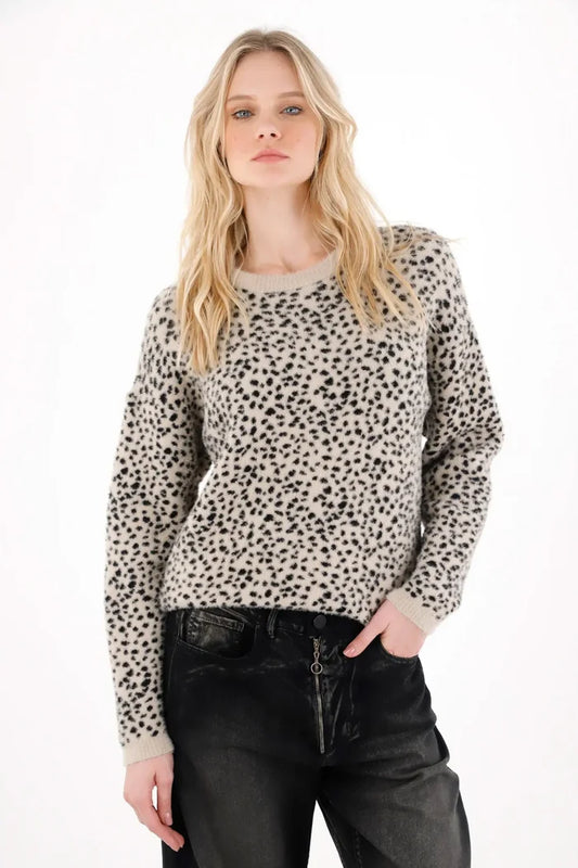 Fuzzy Knit Sweatshirt with Animal Print for Women