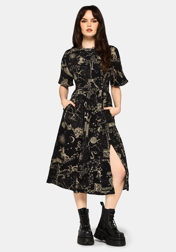 Isolde Medieval Map Tie Back Midi Dress