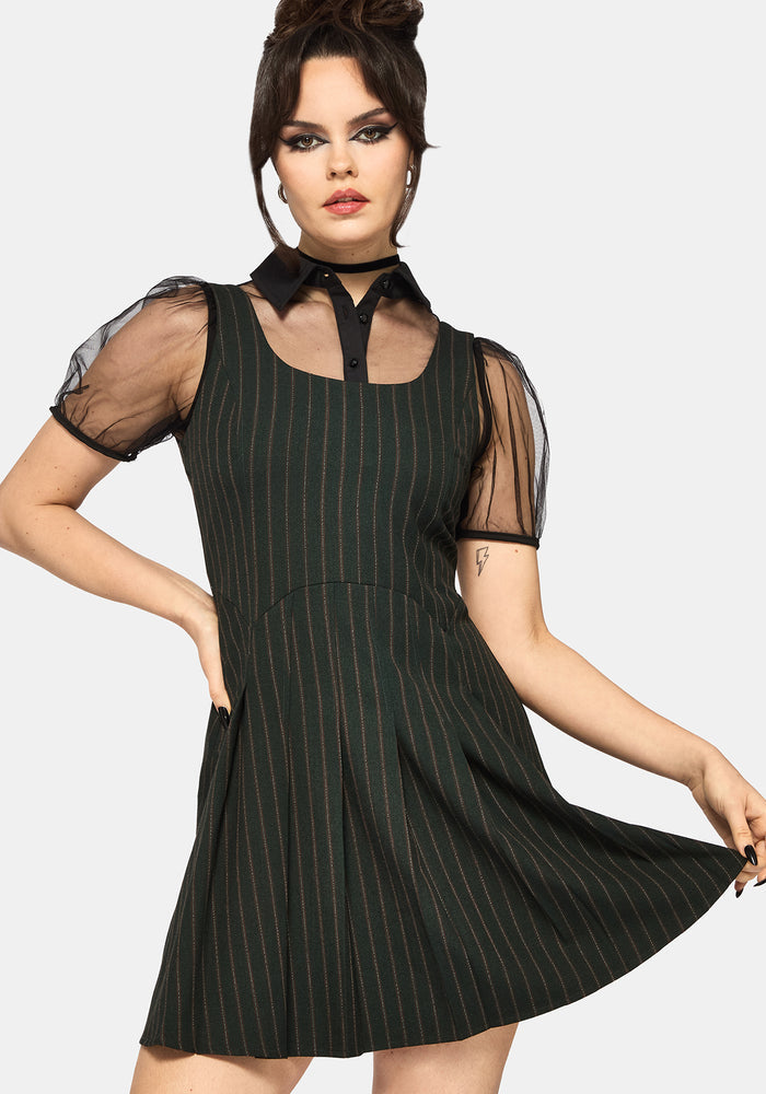 Kera Green Pinstripe Pleated Mini Dress