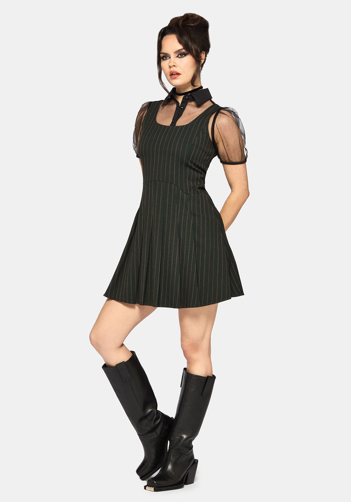 Kera Green Pinstripe Pleated Mini Dress