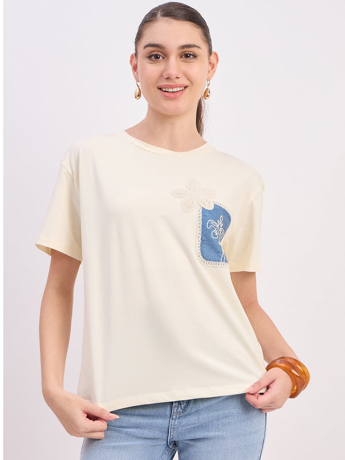 Madame Beige Printed Cotton Round Neck T-Shirt