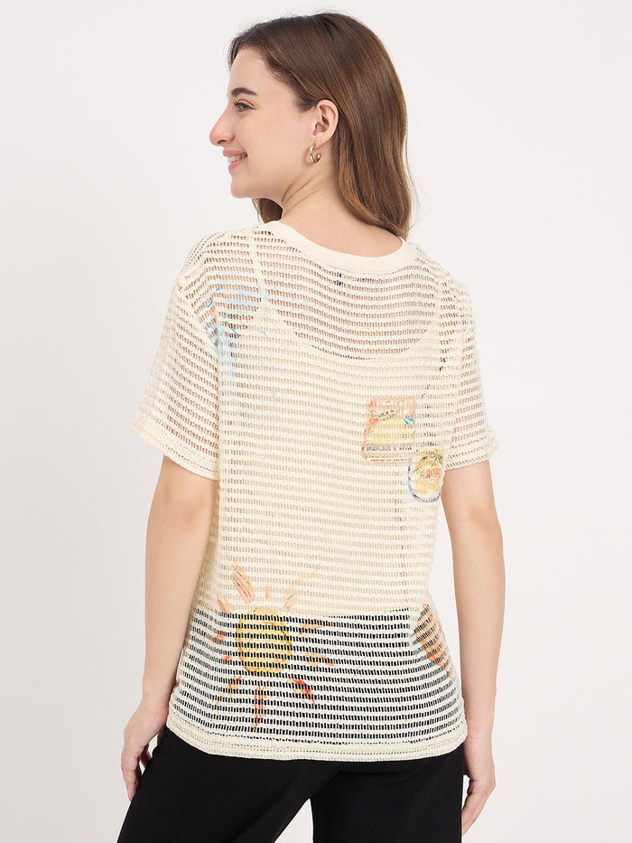 Madame Beige Printed Round Neck Half Sleeve T-Shirt