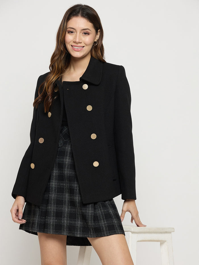 Madame Black Collared Full Sleeve Short Coat