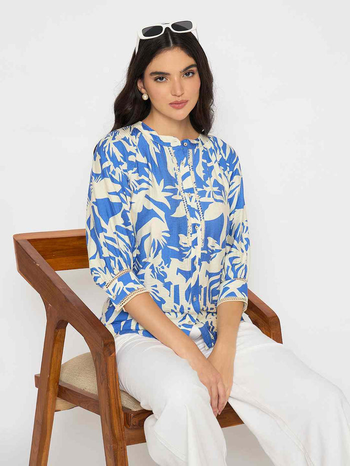 Madame Botanical Print Royal Blue Rayon Blend Top