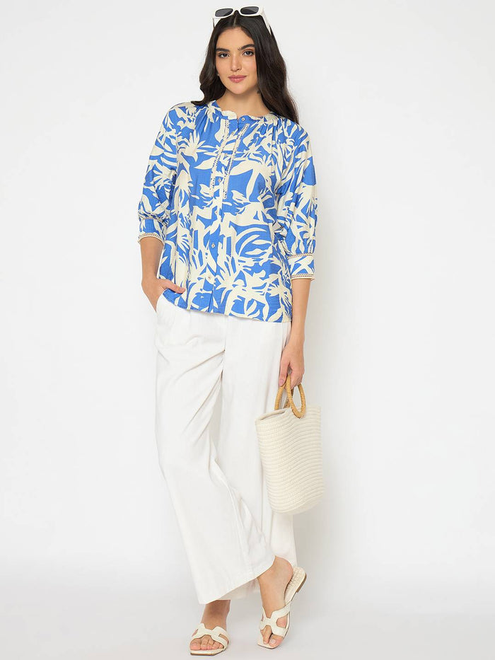 Madame Botanical Print Royal Blue Rayon Blend Top