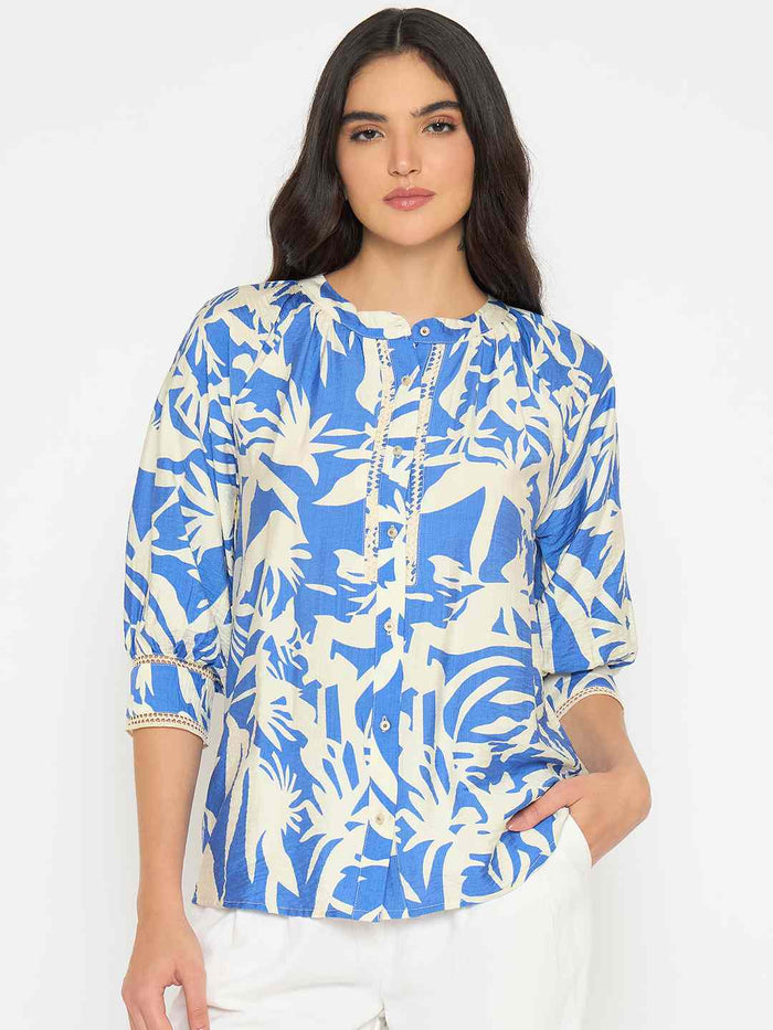 Madame Botanical Print Royal Blue Rayon Blend Top
