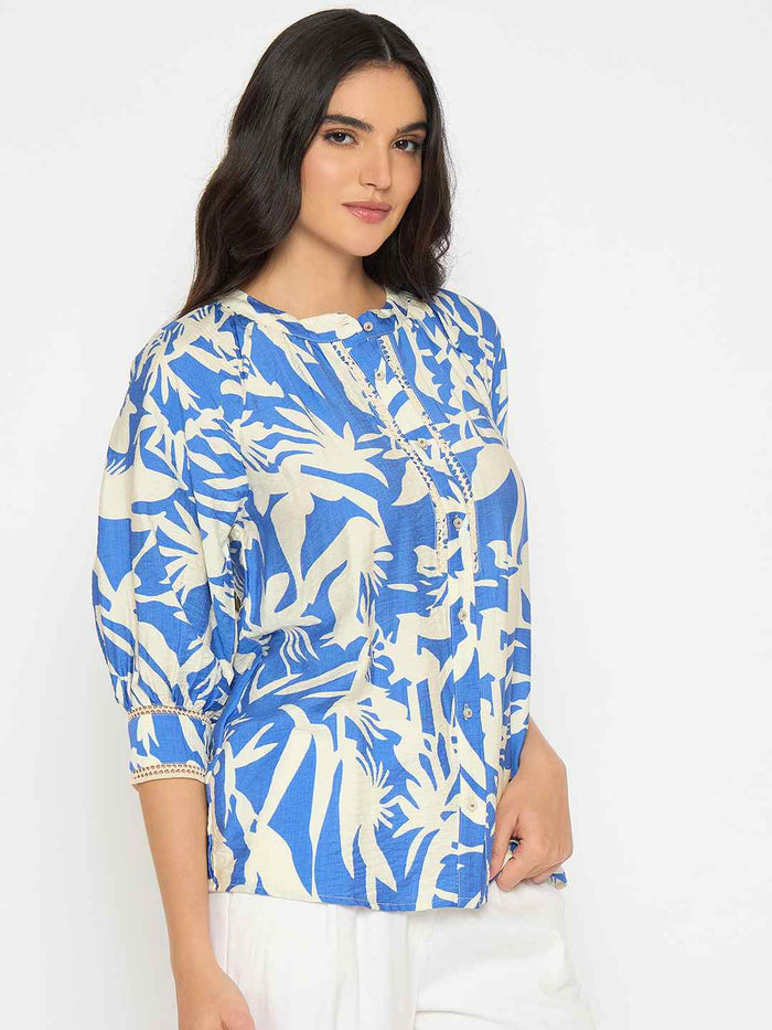 Madame Botanical Print Royal Blue Rayon Blend Top