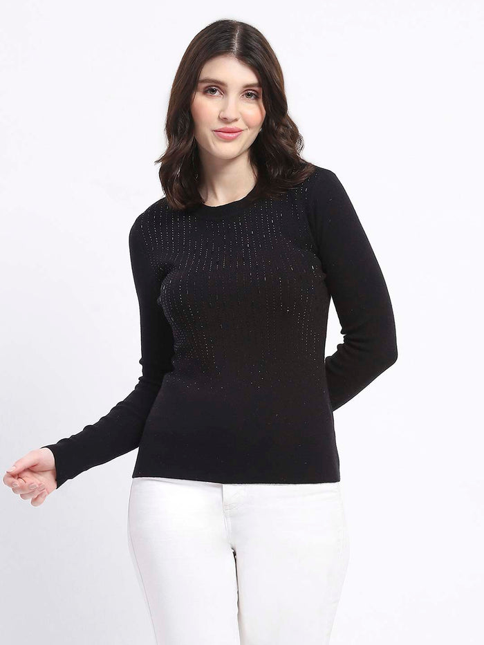 Madame Embellishment Adorned Black Knitted Top