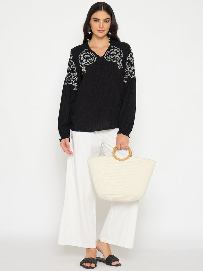 Madame Embroidered Black Viscose Blend Top