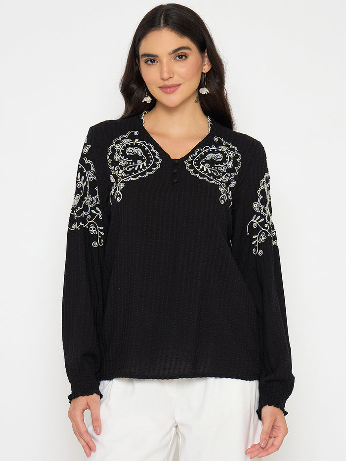 Madame Embroidered Black Viscose Blend Top