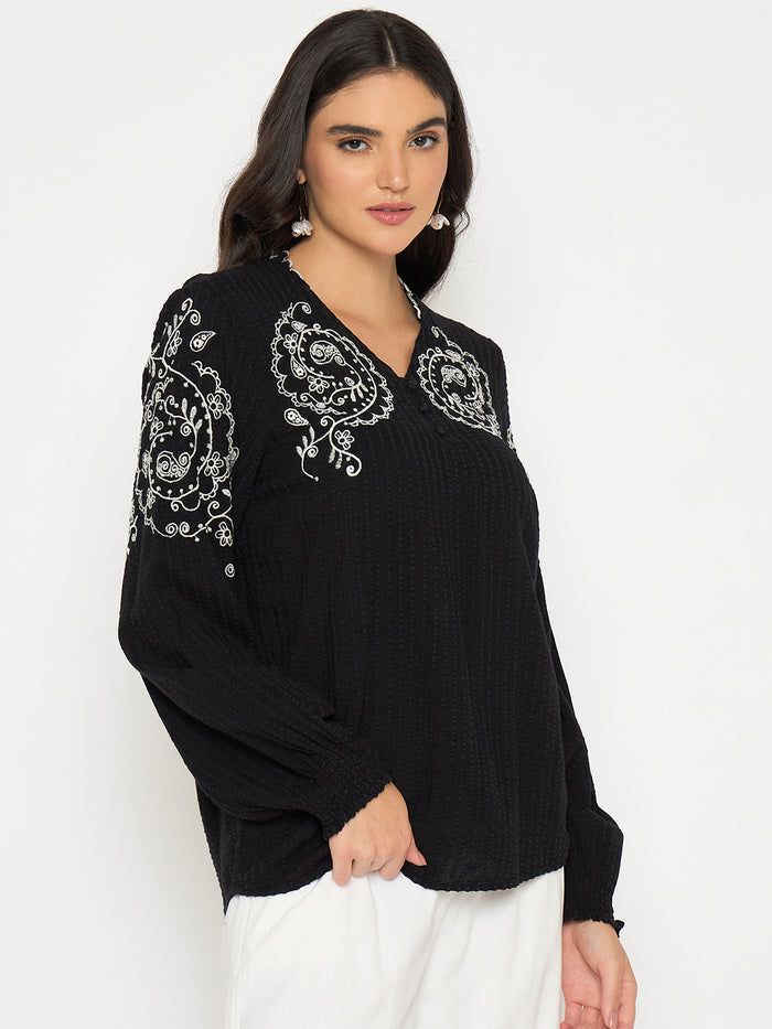 Madame Embroidered Black Viscose Blend Top
