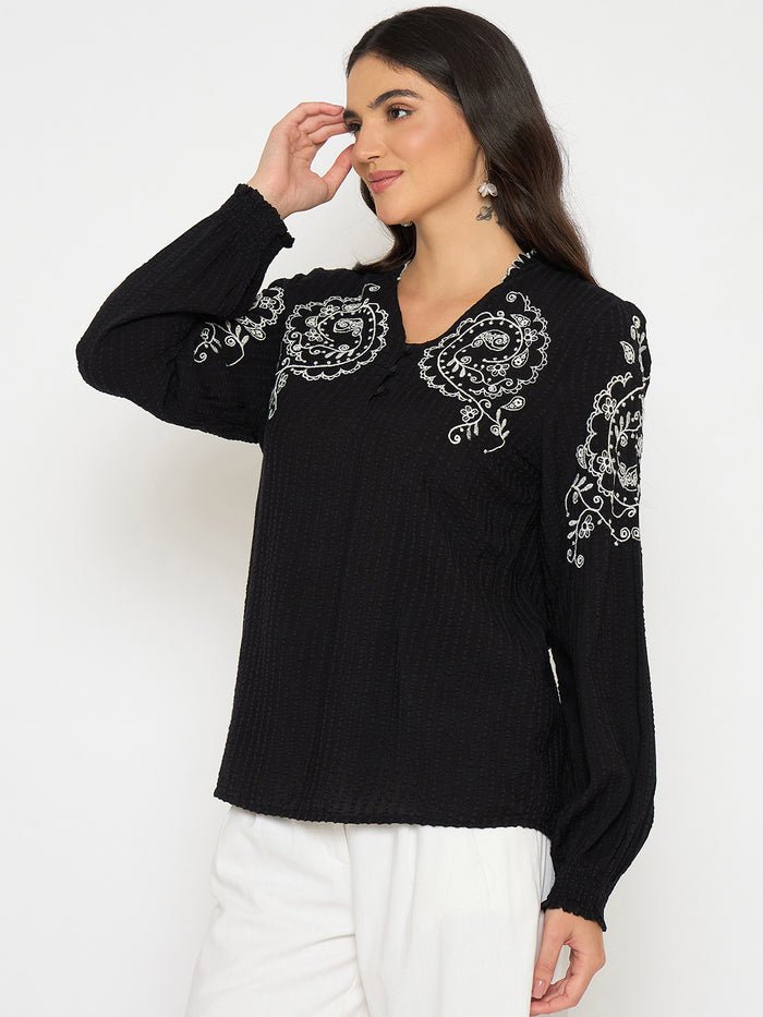 Madame Embroidered Black Viscose Blend Top