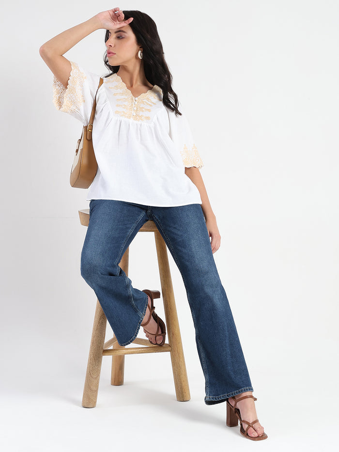 Madame Embroidered Detail Off White Viscose Blend Top