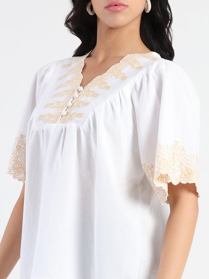 Madame Embroidered Detail Off White Viscose Blend Top
