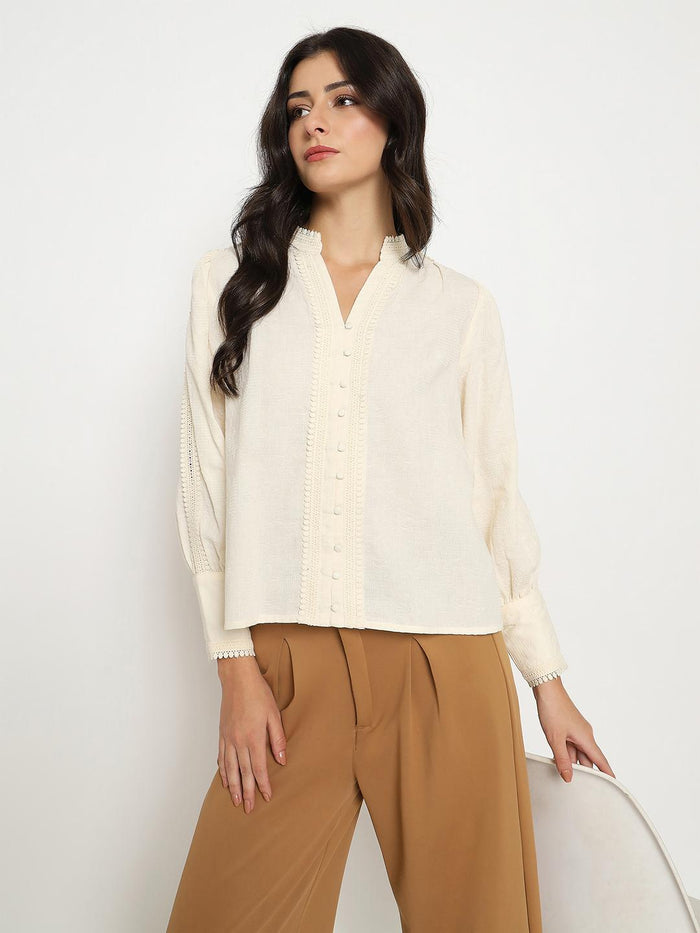 Madame Gathered Shoulders Off White Cotton Top