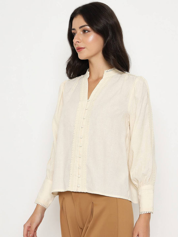 Madame Gathered Shoulders Off White Cotton Top