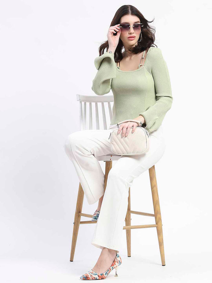 Madame Metal Accented Flounce Sleeve Mint Green Knit Top