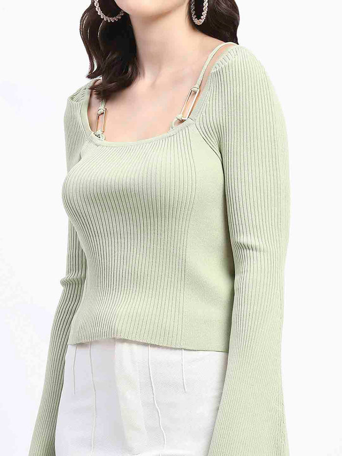 Madame Metal Accented Flounce Sleeve Mint Green Knit Top
