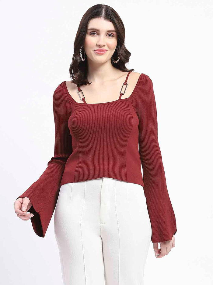 Madame Metal Accented Flounce Sleeve Red Knit Top