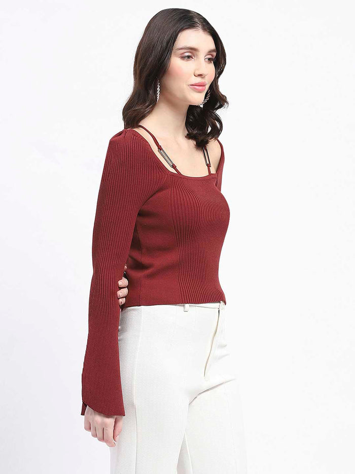 Madame Metal Accented Flounce Sleeve Red Knit Top