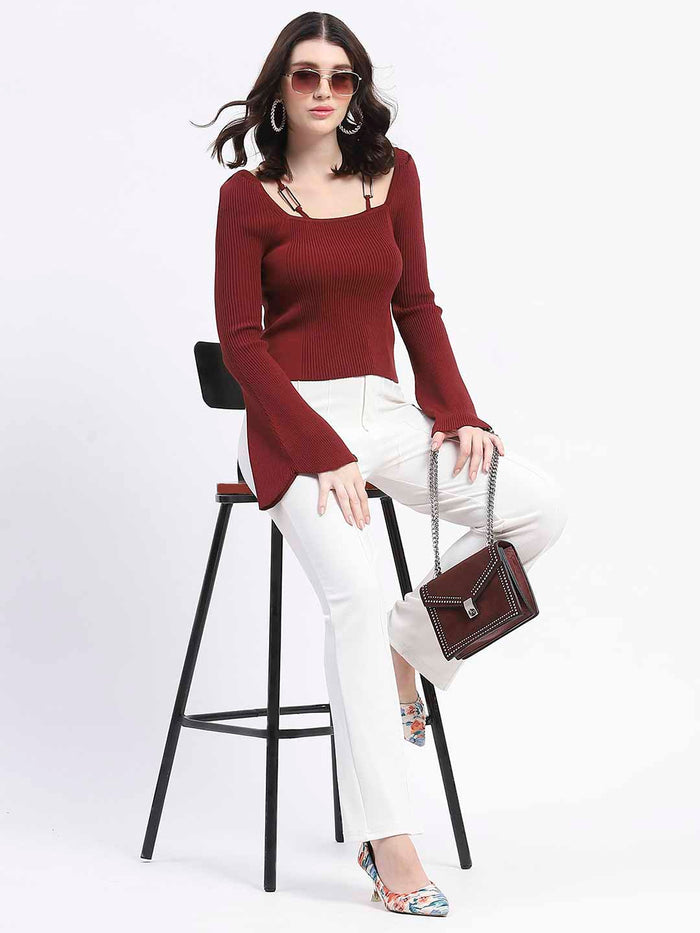 Madame Metal Accented Flounce Sleeve Red Knit Top