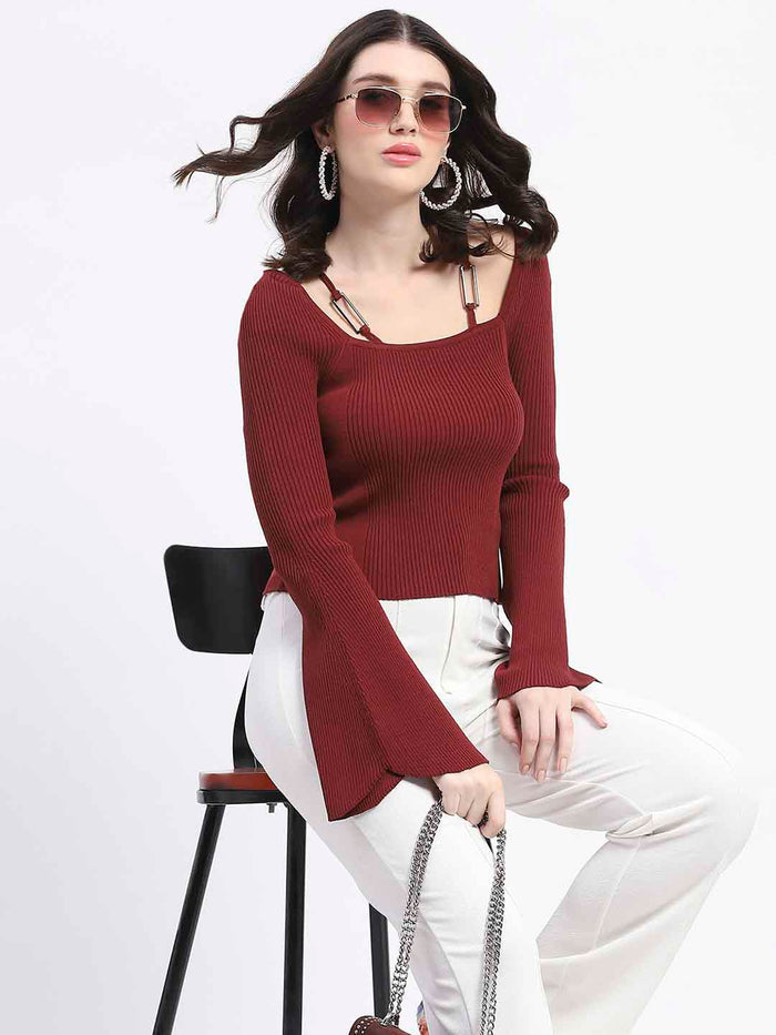 Madame Metal Accented Flounce Sleeve Red Knit Top