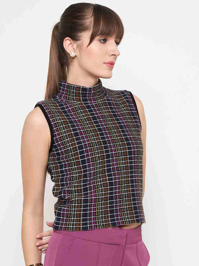 Madame Multicolored Chequered Tweed Black Funnel Neck Top
